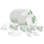 Larah by Borosil Bamboo Leaves Fluted Series Opalware Dinner Set | 40 Pieces for Family of 6 | Microwave & Dishwasher Safe | Bone-Ash Free | Crockery Set for Dining & Gifting | Plates & Bowls | White
