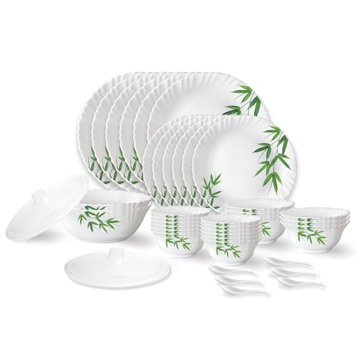 Larah by Borosil Bamboo Leaves Fluted Series Opalware Dinner Set | 40 Pieces for Family of 6 | Microwave & Dishwasher Safe | Bone-Ash Free | Crockery Set for Dining & Gifting | Plates & Bowls | White