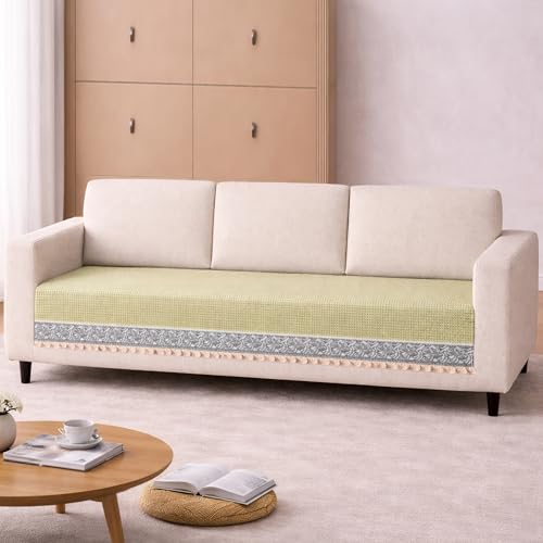 Cortina 3-Seater Anti-Slip Sofa Cover with Tassels | Soft & Washable Living Room Sofa Protector | Includes 2 Matching 40 x 40 Cm Cushion Covers [Beige, 3-Seater]
