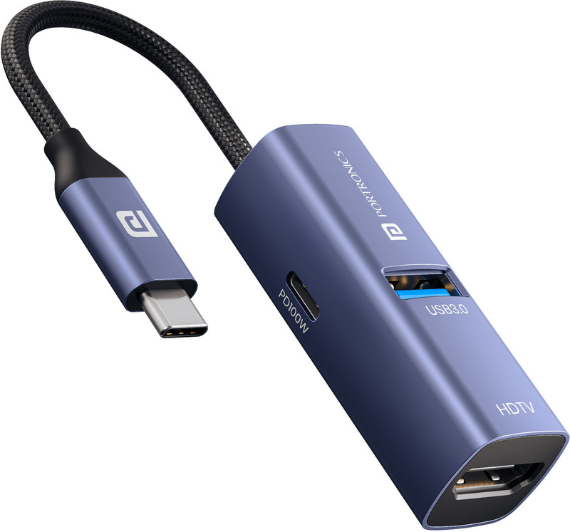Portronics Mport Swift 3-in-1 Type-C Hub with 4K@30Hz HDMI, USB 3.0 & 100W PD Charging USB Hub(Grey)