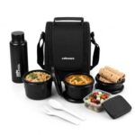CELLO MF All In One Lunch Box with Bag for Office Use, Black | 225ml, 375ml, 550ml Microwave Safe Containers, 175ml Salad Box, 500ml Bottle with Fork & Spoon, Airtight Leak Proof Tiffin Box for Travel