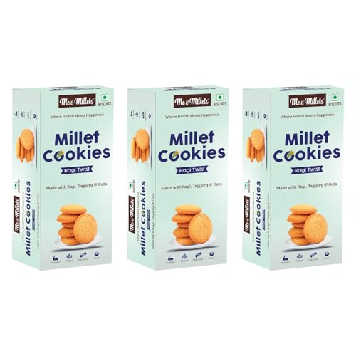 ME & MILLETS Cookies – Ragi Twist (Pack of 3, Each 75g) – Delicious Millets Biscuits, Rich In Protein & Fiber, Healthy Tea Snack (Jain Friendly)
