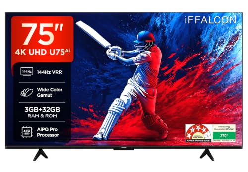 iFFALCON 189 cm (75 Inches) 4K UHD Smart LED Google TV | 144Hz VRR | 3GB RAM | Dolby Vision & Atmos | Game Master | 75U75