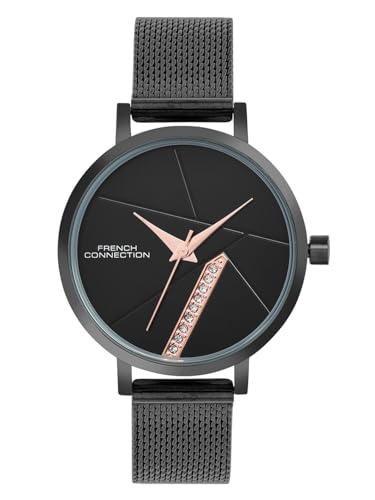 French Connection Sunray Black Round Dial with Black Stainless Steel Mesh Strap Watch – for Womens FCN0137BM