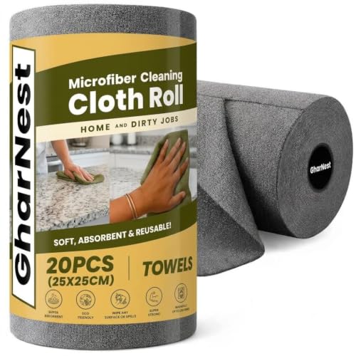 GharNest Microfiber Cleaning Cloth Roll, 20Pcs, 4000 Times Washable – 10X Cheaper Than Paper Kitchen Towel Roll – Ultra Absorbent Lint Free Microfiber Cleaning Cloth for Kitchen – Tearable