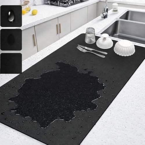 Super Absorbent Kitchen Dish Drying Mat – 60×40 cm Anti-Slip Diatomite Drying Pad for Kitchen Counter, Quick Dry Coffee Machine Mat, Multipurpose Waterproof & Heat Resistant Mat (Black)