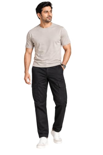 Men’s Stretch Cargo Pants 98% Cotton 2% Spandex | Straight Fit Casual Trousers with 6 Utility Pockets | Comfortable Everyday Wear Pants for Men (in, Numeric, 28, Regular, Black)