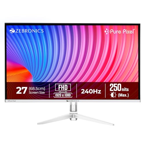 Zebronics 27 Inch FHD Gaming Monitor, 240Hz Refresh Rate, 1ms MPRT, Anti-Glare Display, 250 Nits, 16.7M Colors, Built-in Speakers, HDMI, DP, Bezel-Less Design, Speakers, Wall Mountable (EA27)