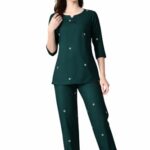 Ichaa Women Rayon Printed Night Wear Top and Bottom Night Suit Set, Green, Medium