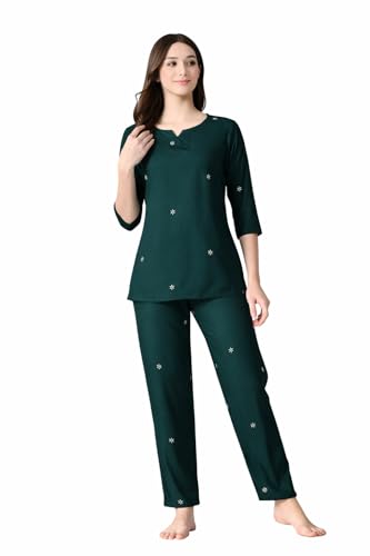 Ichaa Women Rayon Printed Night Wear Top and Bottom Night Suit Set, Green, Medium
