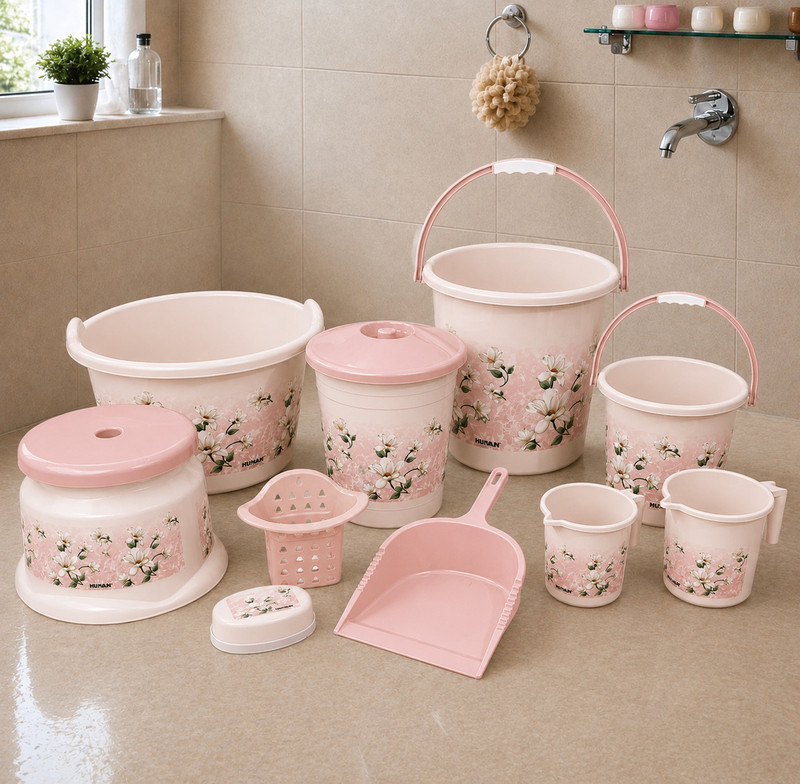ZOOQ 10 Pcs Baby Pink Color Bath Set | Bucket for Bathroom | Bathroom Bucket Set | 20 L Plastic Bucket(Pink)