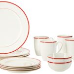 Amazon Brand – Solimo Ceramic 16 Piece Solid Dinner Set | 4 Dinner Plates, 4 Quarter Plates, 4 Mugs & 4 Small Bowls | Red Strip Design