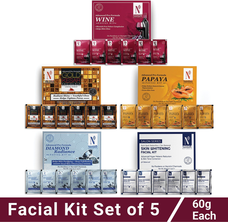 NutriGlow NATURAL’S Facial Kit Pack-5|Wine|Papaya|Gold Kesar|Skin Whitening & Diamond|(5 x 60 g)