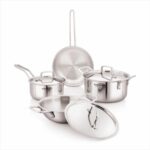 Amazon Basics Triply Stainless Steel Cookware Set 7 Pcs – Deep Kadai(3.4L), Saucepan(1.7L), Casserole(1.8L), Frypan(1.2L) | With 3 Stainless Steel Lids | Dishwasher Safe | Induction and Gas Compatible