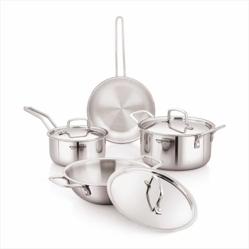 Amazon Basics Triply Stainless Steel Cookware Set 7 Pcs – Deep Kadai(3.4L), Saucepan(1.7L), Casserole(1.8L), Frypan(1.2L) | With 3 Stainless Steel Lids | Dishwasher Safe | Induction and Gas Compatible