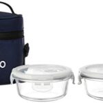 Amazon Brand – Solimo Glass Lunch Box Set with Sliding Air Vents and Bag (2 Pieces, 400ml, Transparent)