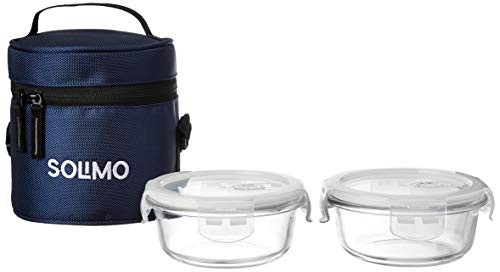 Amazon Brand – Solimo Glass Lunch Box Set with Sliding Air Vents and Bag (2 Pieces, 400ml, Transparent)