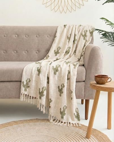DMAASA HandBlock Cotton Sofa Throw Blanket with Tassels 50×70 Inches Beige (Nagfani Print, Pack of 1)