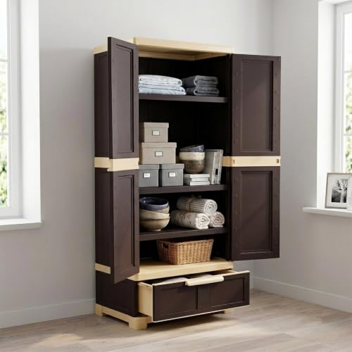 Nilkamal Freedom FMDR1BE Plastic Storage Wardrobe with 1 Bottom Drawer and Clothes Organizer |3-Year Warranty|Almirah for Home, Living Room, Bed Room|Adult & Kids|Weather Brown/Biscuit