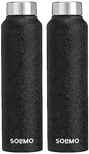 Amazon Brand – Solimo Stainless Steel Fridge Water Bottle | 1000 ml | Textured Black Finish (Set of 2)