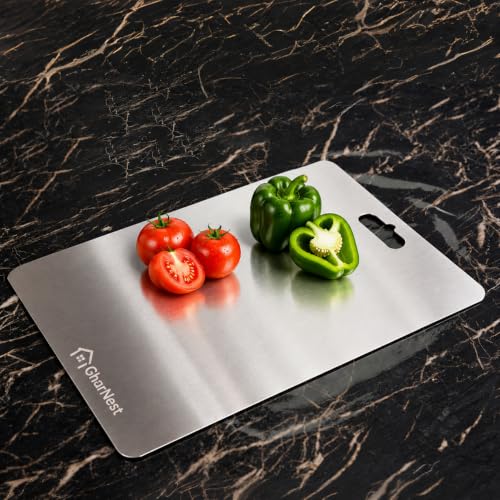 GharNestStainless Steel Cutting Board with Handle, 32 x 21.5 cm, Scratch Resistant, Anti-Slip, Hygienic for Vegetables, Fruits & Meat (Medium)