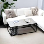 Furniture Café Modern Rectangular Coffee Table with White Marble Top and Gold Metal Frame – Contemporary Center Table for Living Room (Black & White)