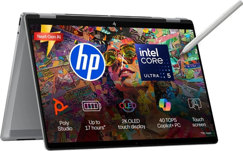 HP Omnibook X Flip Next Gen AI PC Intel Core Ultra 5 226V – (16 GB/1 TB SSD/Windows 11 Home/8 GB Graphics) 14-fm0126TU 2 in 1 Laptop(14 inch, Meteor Silver, 1.38 kg, With MS Office)