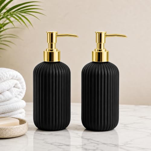 HomeWiz Soap Dispenser Bottle Set of 2, 300ml – Refillable Handwash Pump Bottle with Gold Pump for Bathroom, Wash Basin & Kitchen Sink | Ribbed Liquid Soap, Lotion & Sanitizer Dispenser | Black