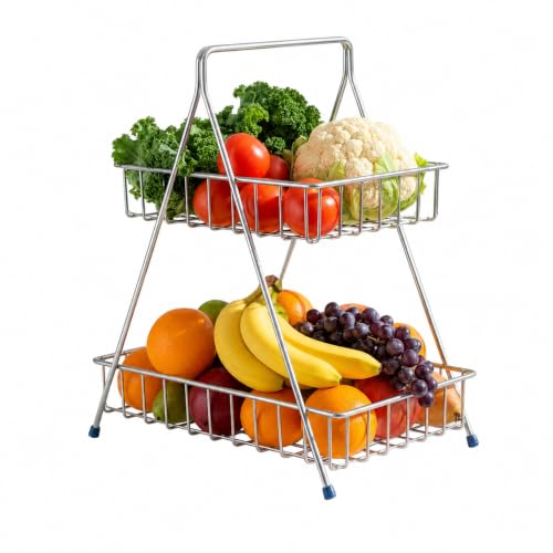 Homeor Counter Top 2-TierFruit & Vegetable Basket For Dining Table, Centre Table I Metal Fruit Bowl or Bread Basket Vegetables Storage Organizer Holder, Multi-Purpose Basket for Kitchen & Home, Chrome