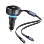 Baseus Car Charger for Cellular Phones with Cigarette Lighter Extension Slot (Retractable 60W C + (C+IP) Cable), Black