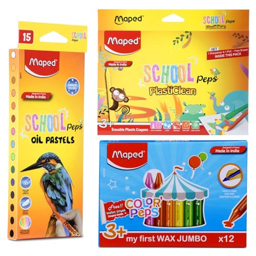 Maped Colouring Kit Set of 3|15 Erasable Plastic Crayons + 12Jumbo Wax Crayons + 15 Oil Pastels|Mega Coloring Combo|Gift pack for Kids-Ideal birthday, return gift, or festive gift option