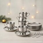 E – Ezra Tableware Stainless Steel Cups and Saucer with Spoon, 180 ml Tea Cup Set of 6 Cup and Saucer Set for Tea Milk & Coffee Chai, Tea Cup Set Lattee Cups