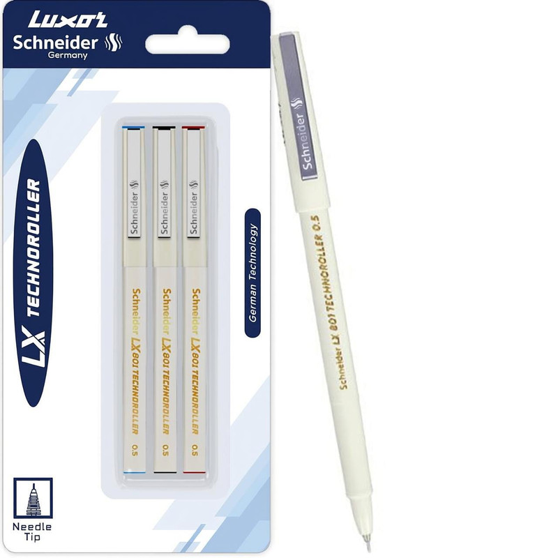 LUXOR Schneider LX Technoroller-801| 0.5 mm tip| German Technology| 100% Liquid Ink Roller Ball Pen(Pack of 3, Ink Color – Blue+Black+Red)