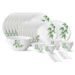 Larah by Borosil Bamboo Leaves Fluted Series Opalware Dinner Set | 44 Pieces for Family of 8 | Microwave & Dishwasher Safe | Bone-Ash Free | Crockery Set for Dining & Gifting | Plates & Bowls | White