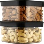 Floraware Food Safe Plastic Multiuse Square Fit-Lock Airtight Storage Jar,Containers for Kitchen Storage Set I Grocery Kitchen Container Set I Multipurpose Jar, 450 ml, set 2 BPA free, Black