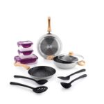 Crystal Aluminum 11 Pcs Non Stick Cookware Set with Induction Bottom | Tawa, Fry Pan, Kadhai with Lid, 4 Serving Spoons, 3 Containers | 4 Layer Non Stick Coating | PFOA Free | White