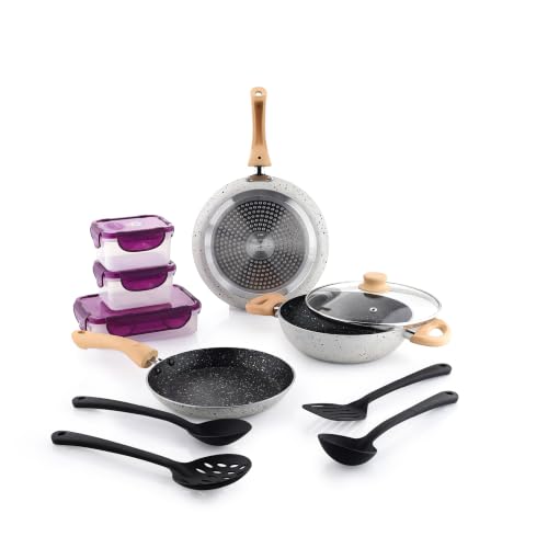 Crystal Aluminum 11 Pcs Non Stick Cookware Set with Induction Bottom | Tawa, Fry Pan, Kadhai with Lid, 4 Serving Spoons, 3 Containers | 4 Layer Non Stick Coating | PFOA Free | White