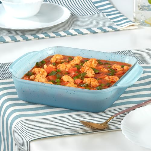 Borosil 800 ml Baking & Serving Dish with Handle | Borosilicate Glass Square Shape Bakeware and Serveware Casserole Dish Tray | Microwave, Oven & Dishwasher Safe Bowl (Blue)