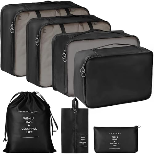 7 in 1 Travel Packing Cubes Organizer Set with Mesh Packing Bags, Shoe Bag, Laundry Bag, Zipper Pouch & Toiletry Organizer, Travel Luggage Organizers for Clothes, Cosmetics & Accessories (Black)