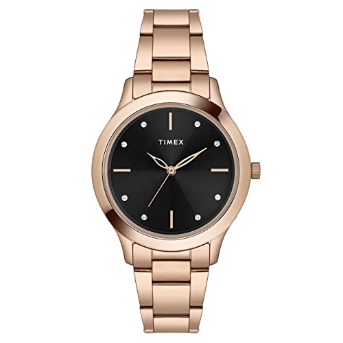 TIMEX Analog Watch for Women with Black Round Dial & Rose Gold Stainless Steel Bracelet Band Water Resistant Women’s Wrist Watches – TWEL98SMU06
