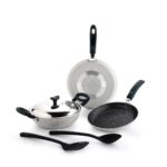 Crystal Aluminum 6 Pcs Non Stick Cookware Set | Gas Stove Friendly | Tawa, Fry Pan, Kadhai with Lid, Laddle & Spatula | Durable 4 Layer Non Stick Coating | PFOA Free | White