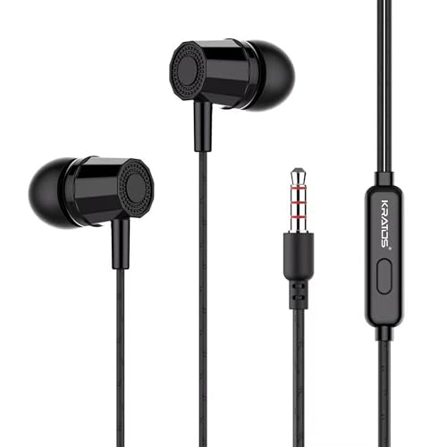 Kratos E02 Black Wired Earphones with 3.5mm Jack in-line Mic Control for Clear Calling & Music, Multi-Functional Controller,Sweat Resistant,Comfort Fit Wired Ear Phones,Compatibility with All Mobiles