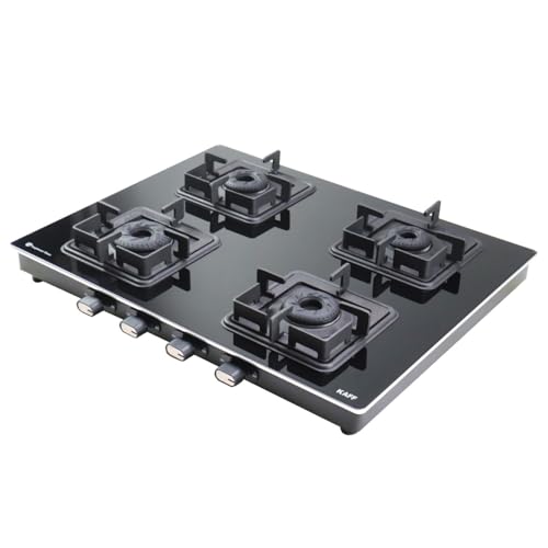 KAFF Gas Stove/Cooktop 4 Burners 63 CM, Black Coated Brass Burners, Decorative SS Moulded Strip on All Sides for Edge Protection Integrated Flame Protector Black | CTQ634B