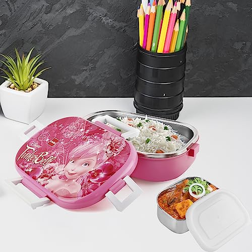 CELLO Feast Deluxe Kids Lunch Box Tinkerbell, Pink | Leak-Proof Snacks Tiffin Box for School Kids Inner Stainless Steel Mini Box | 2 Container with Locking Lid | Ideal for School & Picnic