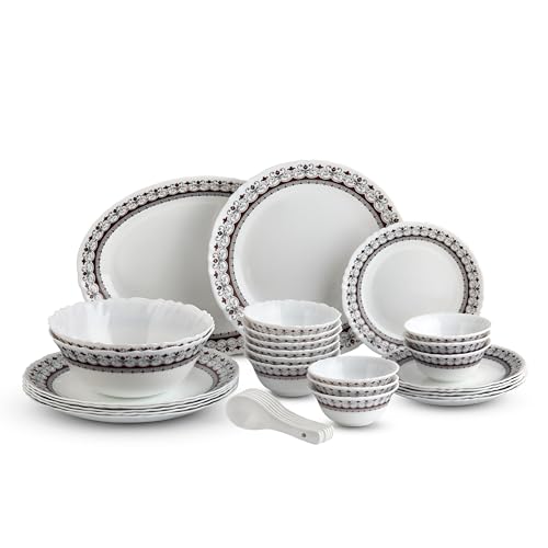 CELLO Lumina Imperial Plus Series Opalware Dinner Set of 33 Pieces For Family of 6 | Bone-Ash Free & Leadfree Opal Glass Microwave & Dishwasher Safe Crockery Plates & Bowls Set For Daily Use & Gifting