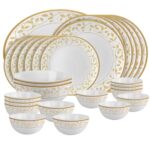 Cello Opalware Divine Series Amber Gold Dinner Set, 27 Units | Opal Glass Dinner Set for 6 | Crockery Set for Festive Ocassions, Parties | White Plate and Bowl Set,Floral