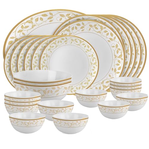 Cello Opalware Divine Series Amber Gold Dinner Set, 27 Units | Opal Glass Dinner Set for 6 | Crockery Set for Festive Ocassions, Parties | White Plate and Bowl Set,Floral