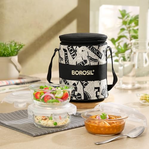 Borosil Nostalgia Borosilicate Glass Lunchbox with Bag | 3 pc Round Container Set (320 ml Each) | Microwave & Dishwasher Safe, Leakproof | Tiffin for Office, School, College | Transparent