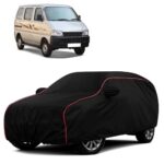 Sulfar 100% Water Resistant Car Body Cover Compatible with Mirror for Maruti Suzuki Eeco (Triple Stitched, Full Bottom Elastic, Black with Red Piping)