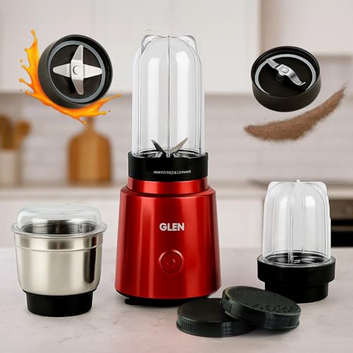Glen Polycarbonate Multi Function Active Blender 350 Watt with 4 Jar Silver, 2 Interchangeable Blades, Lid & Seasoning Cap, 2 Years Warranty,(SA4048BGRED